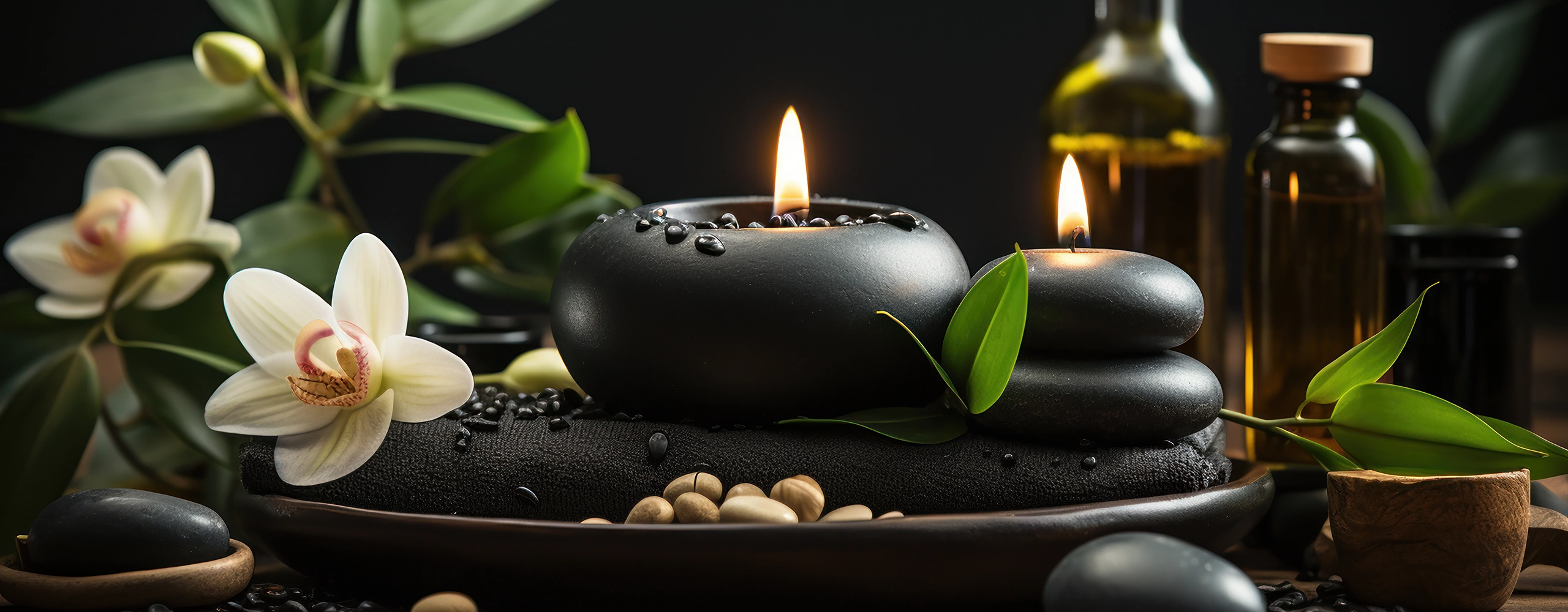 ambiance massage avec bougies, pierres noires, flacons d'huile et orchidées