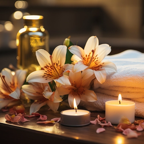 ambiance spa avec orchidées, huile de massage, serviette et bougies