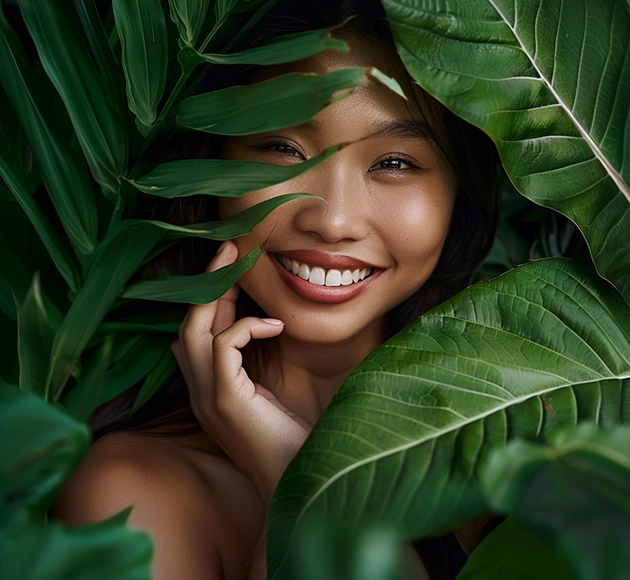 femme souriante et cheveux bouclés cachée derrière de larges feuilles vertes